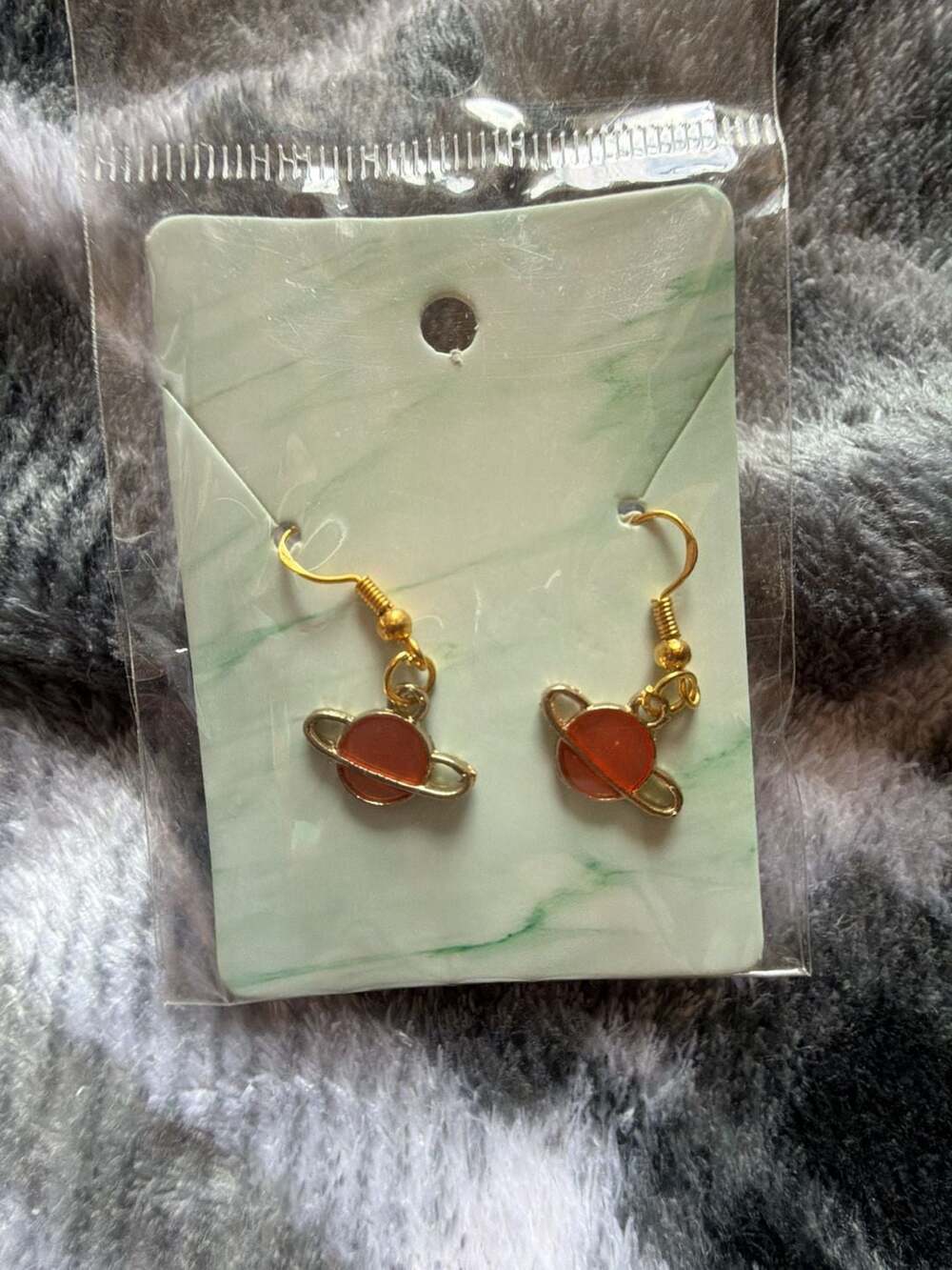Saturn Planet Dangle Earrings Gold-Tone with Orange Enamel